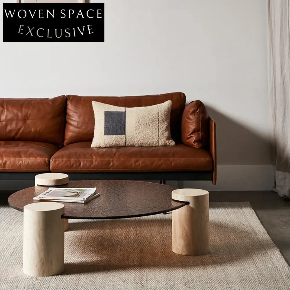 Elegant Italian Round Brown Glass Travertine Stone Sofa Side Coffee Table