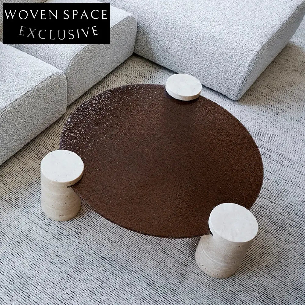 Elegant Italian Round Brown Glass Travertine Stone Sofa Side Coffee Table
