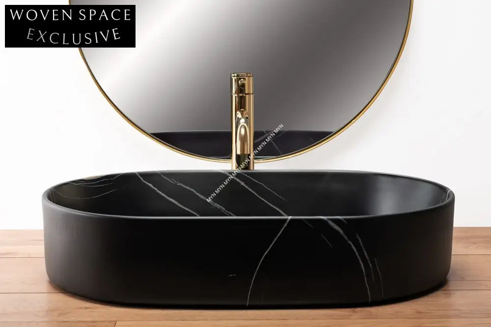 Elegant Italian Shiny Black Marble Table Top Ceramic Bathroom Sink
