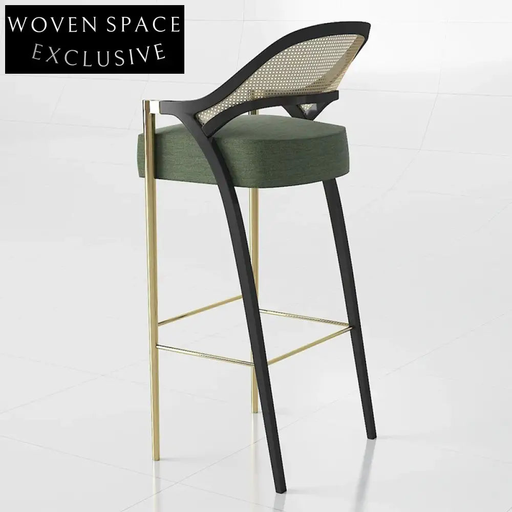 Elegant Italian Solid Wood Rattan Back Fabric Seat Bar Stool