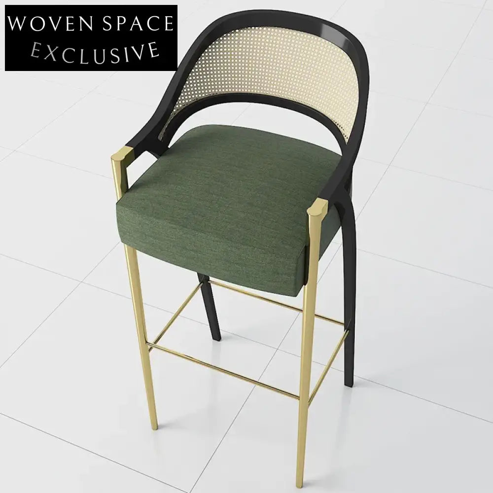 Elegant Italian Solid Wood Rattan Back Fabric Seat Bar Stool