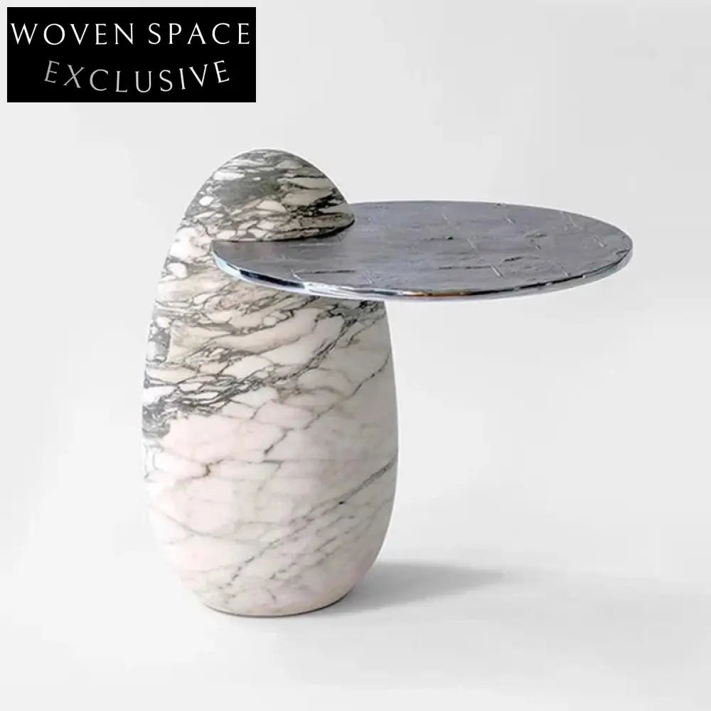 Elegant Italian Style Natural Marble End Table with Robust Metal Base, Round