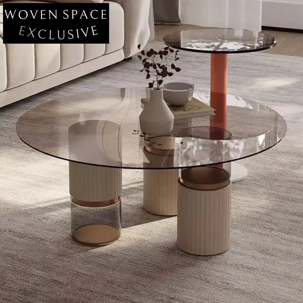 Elegant Italian Style Round Glass Top Marble Base Living Room Coffee Table