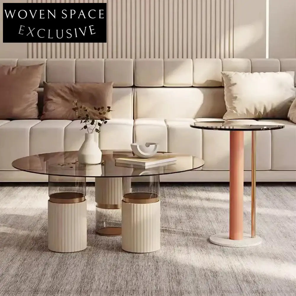 Elegant Italian Style Round Glass Top Marble Base Living Room Coffee Table