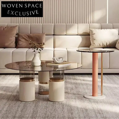 Elegant Italian Style Round Glass Top Marble Base Living Room Coffee Table