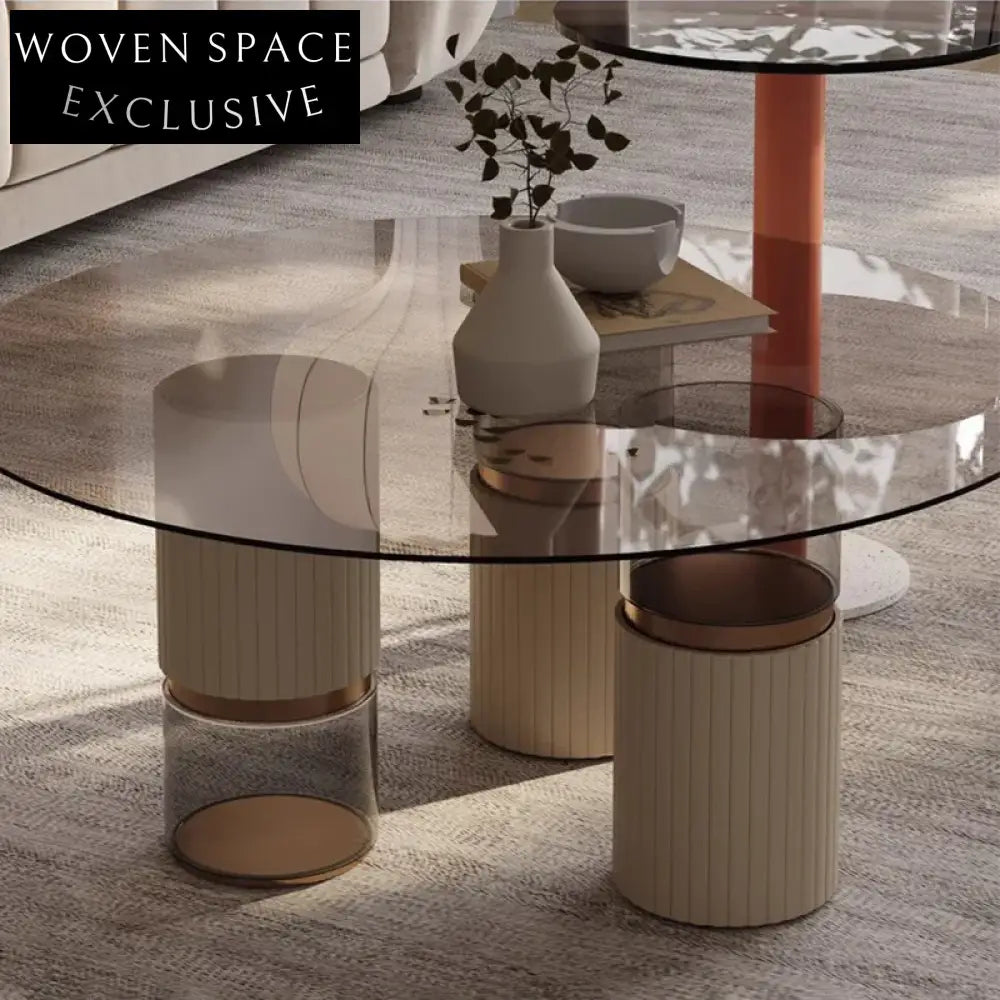 Elegant Italian Style Round Glass Top Marble Base Living Room Coffee Table
