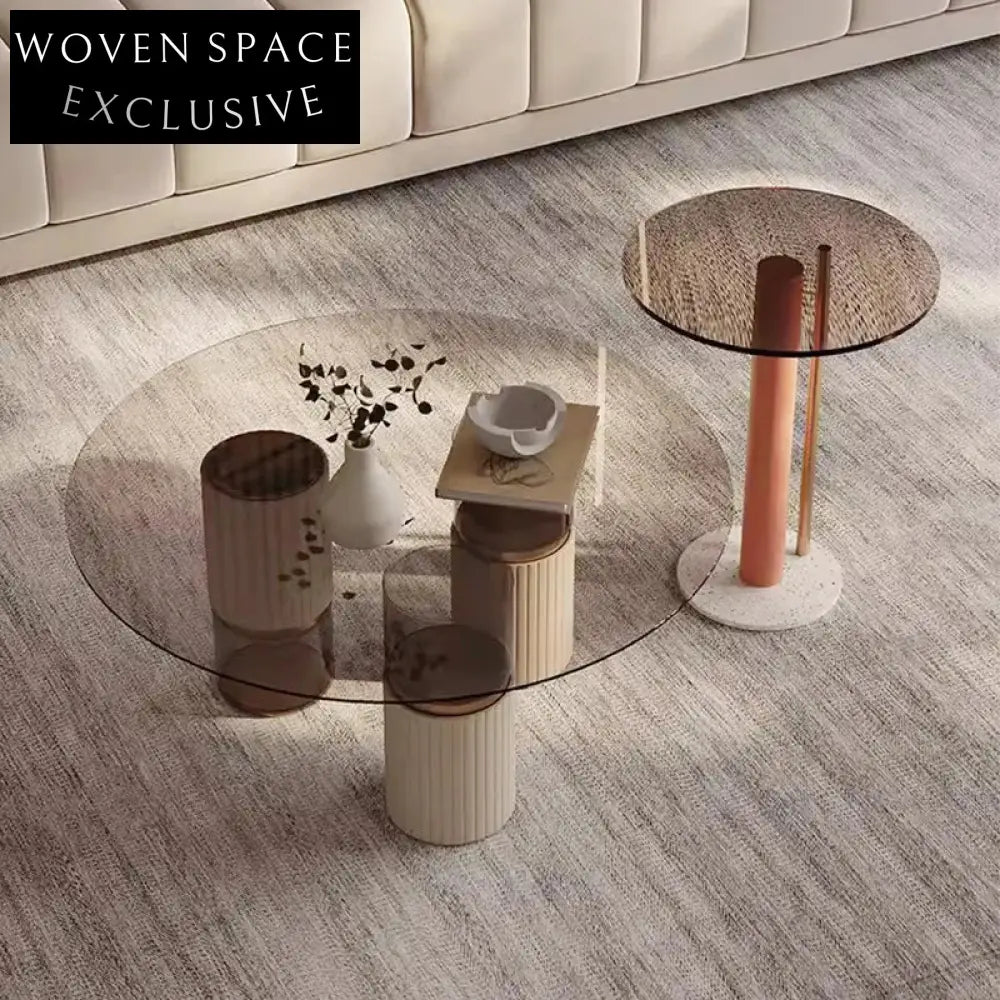 Elegant Italian Style Round Glass Top Marble Base Living Room Coffee Table