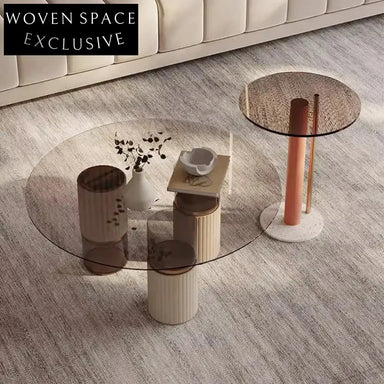 Elegant Italian Style Round Glass Top Marble Base Living Room Coffee Table