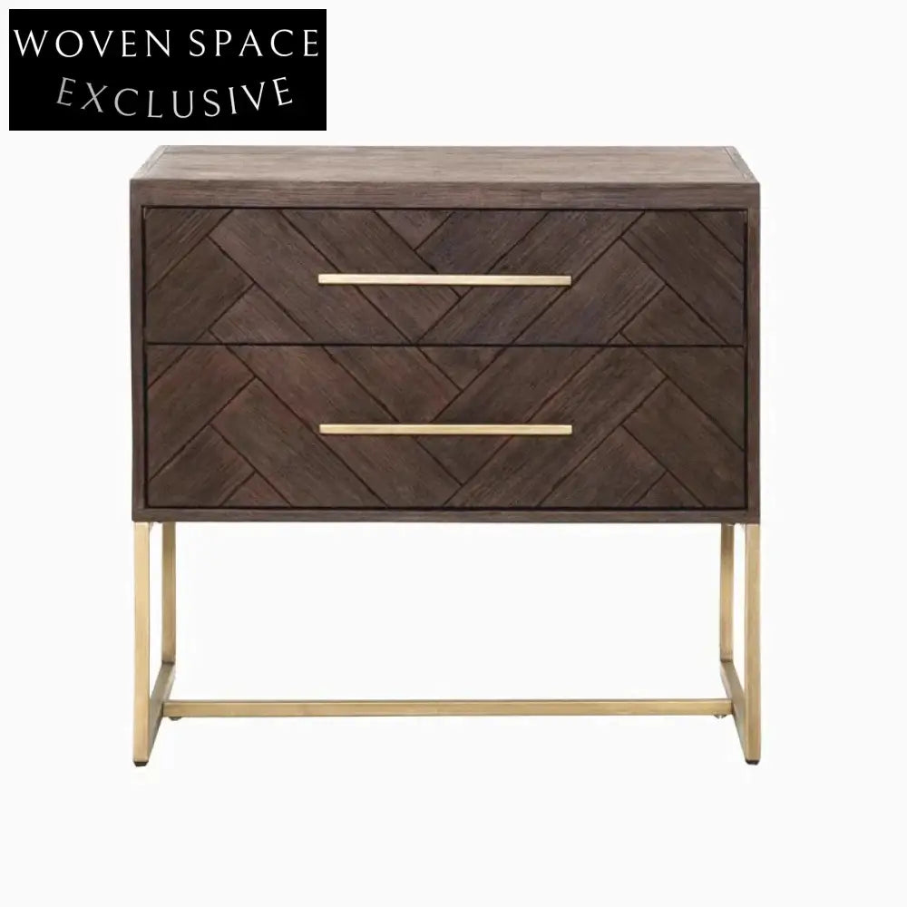 Elegant Italian Wooden Nightstand with Metal Base and Two Storage Drawers