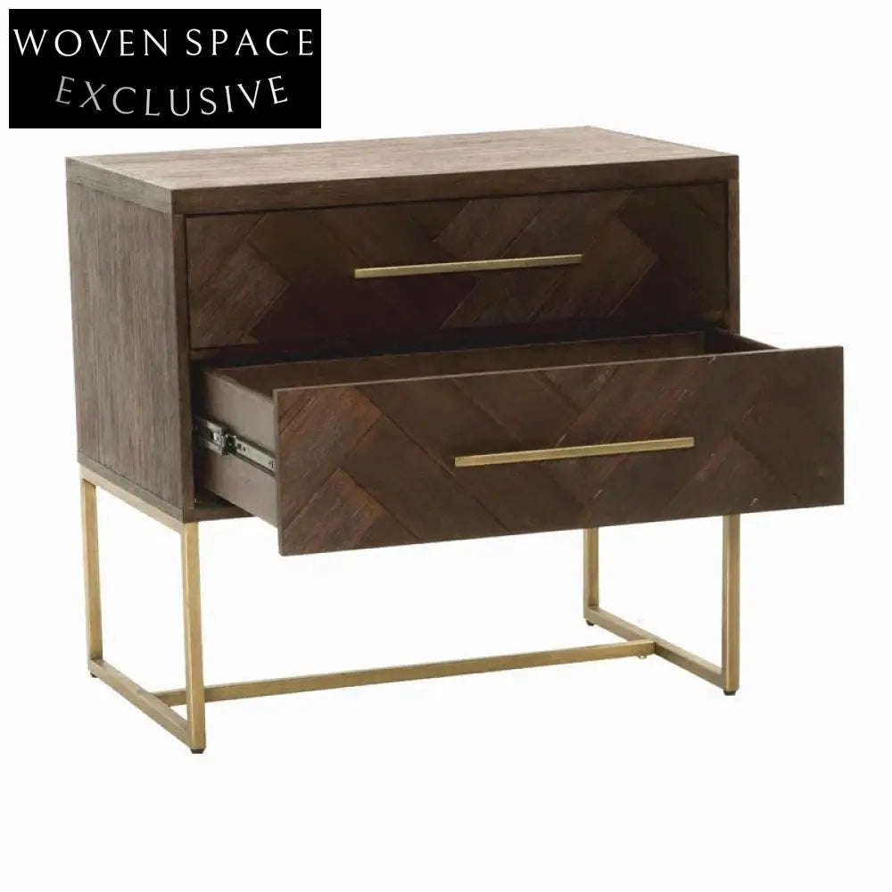 Elegant Italian Wooden Nightstand with Metal Base and Two Storage Drawers