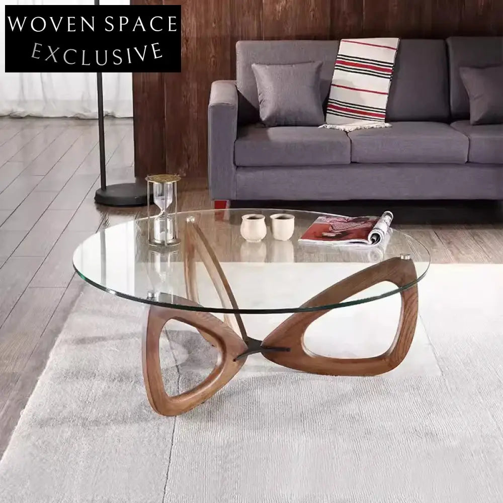 Elegant Japandi Round Coffee Table with Tempered Glass Top and Solid Wood Base