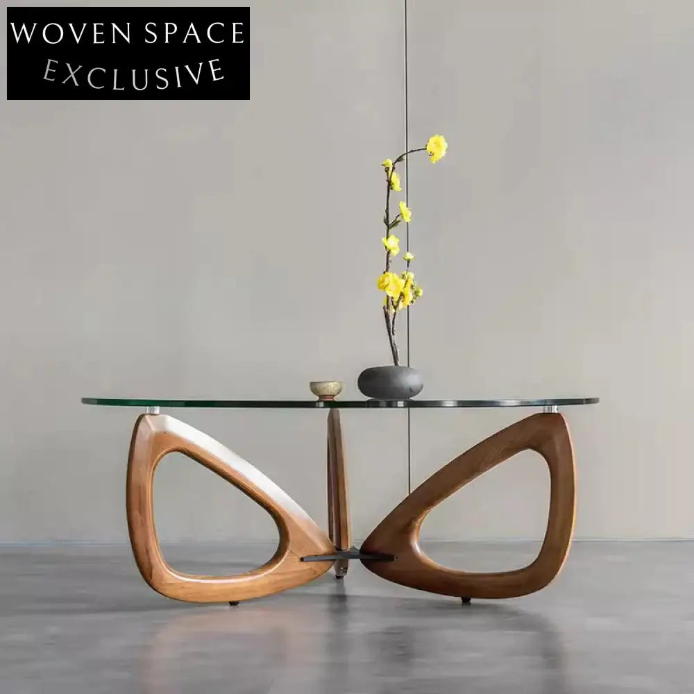 Elegant Japandi Round Coffee Table with Tempered Glass Top and Solid Wood Base