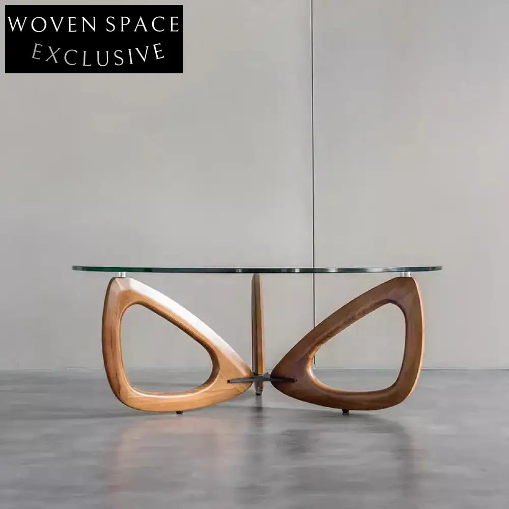 Elegant Japandi Round Coffee Table with Tempered Glass Top and Solid Wood Base