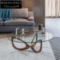 Elegant Japandi Round Coffee Table with Tempered Glass Top and Solid Wood Base