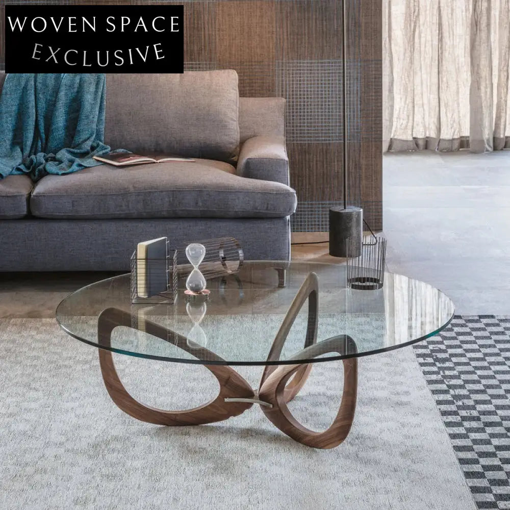 Elegant Japandi Round Coffee Table with Tempered Glass Top and Solid Wood Base