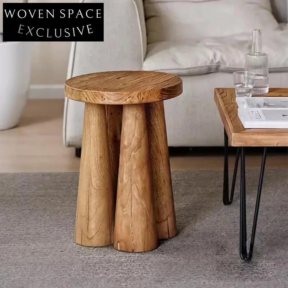 Elegant Japandi Solid Elm Wood Round Side Table, Bedroom Coffee Table