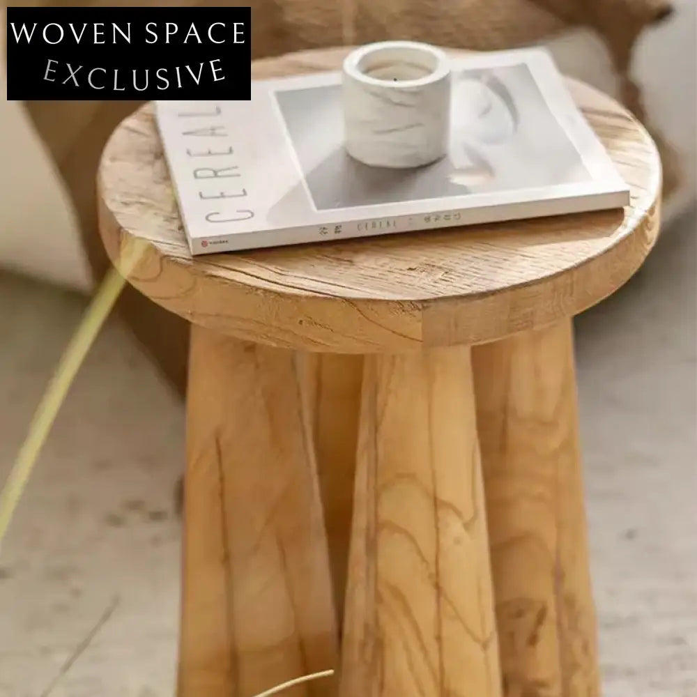 Elegant Japandi Solid Elm Wood Round Side Table, Bedroom Coffee Table