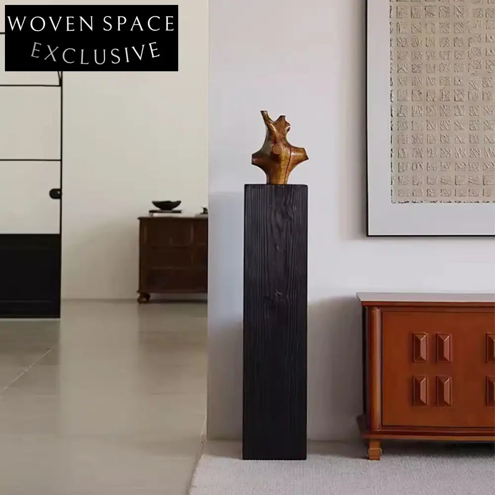 Elegant Japandi Wabi Sabi Black Wood Square Pedestal Decor Stand for Living Room