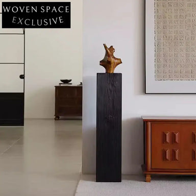 Elegant Japandi Wabi Sabi Black Wood Square Pedestal Decor Stand for Living Room