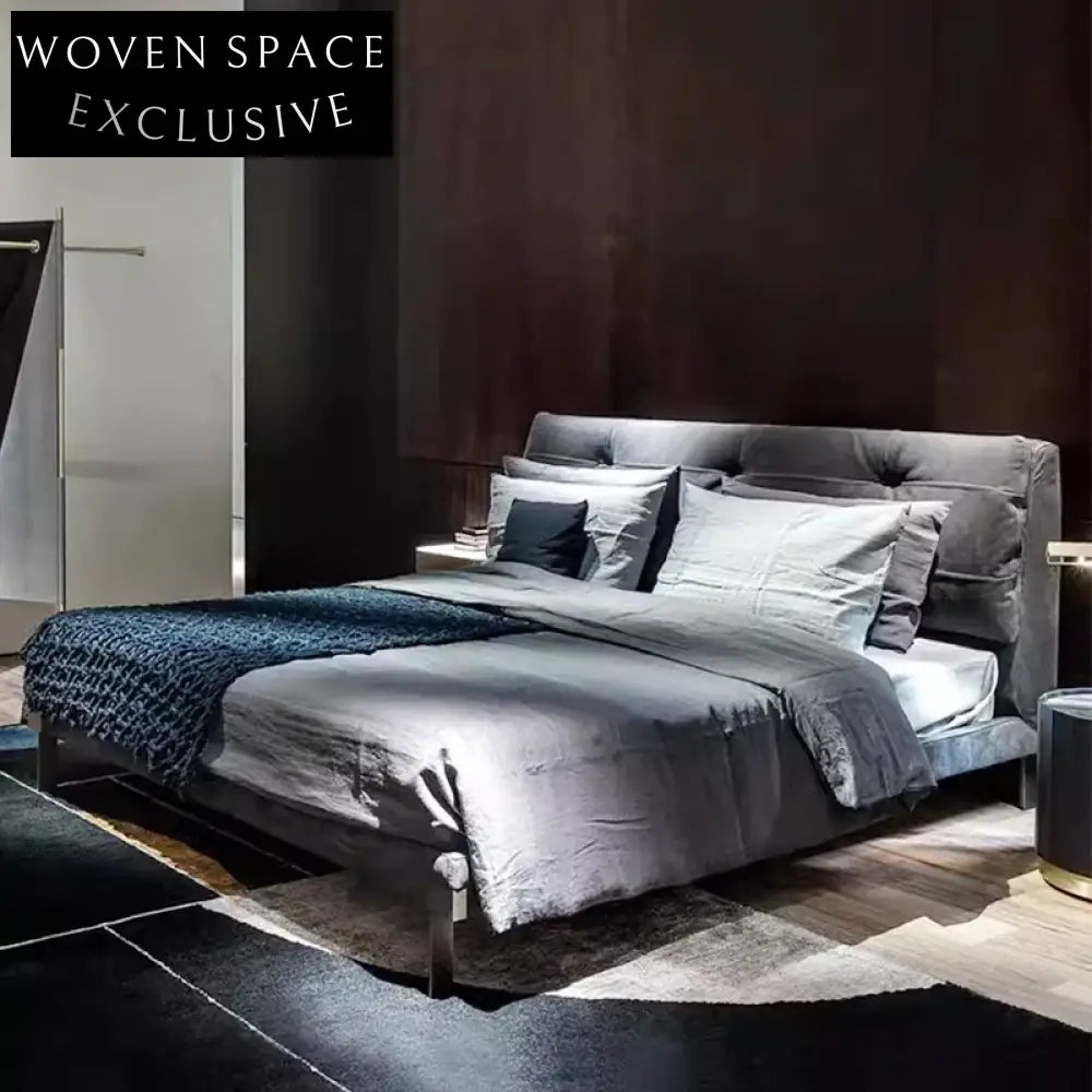 Elegant King Size Bed Frame: High Padded Headboard, Velvet & Leather Upholstery