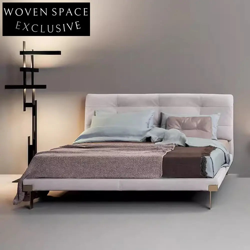 Elegant King Size Bed Frame: High Padded Headboard, Velvet & Leather Upholstery