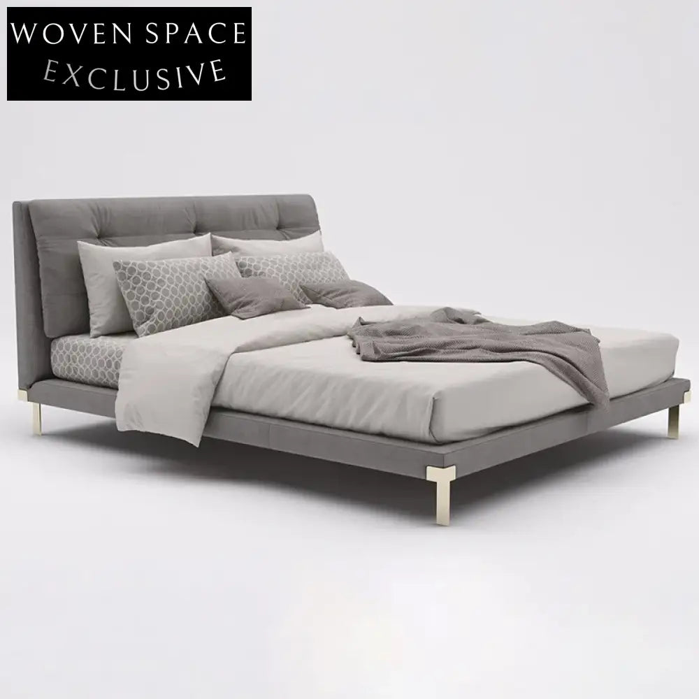 Elegant King Size Bed Frame: High Padded Headboard, Velvet & Leather Upholstery