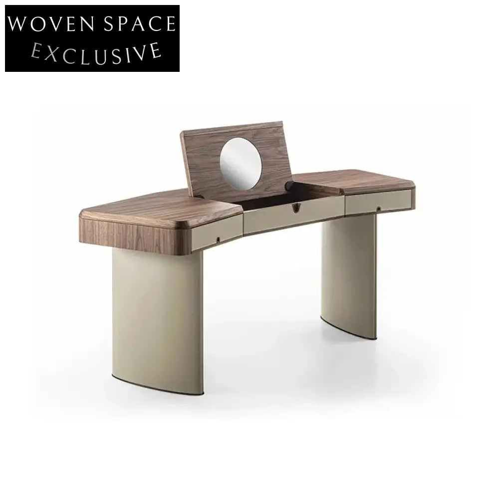 Elegant L-Shaped Walnut Leather Home Office Desk with Integrated Drawer & Mirror