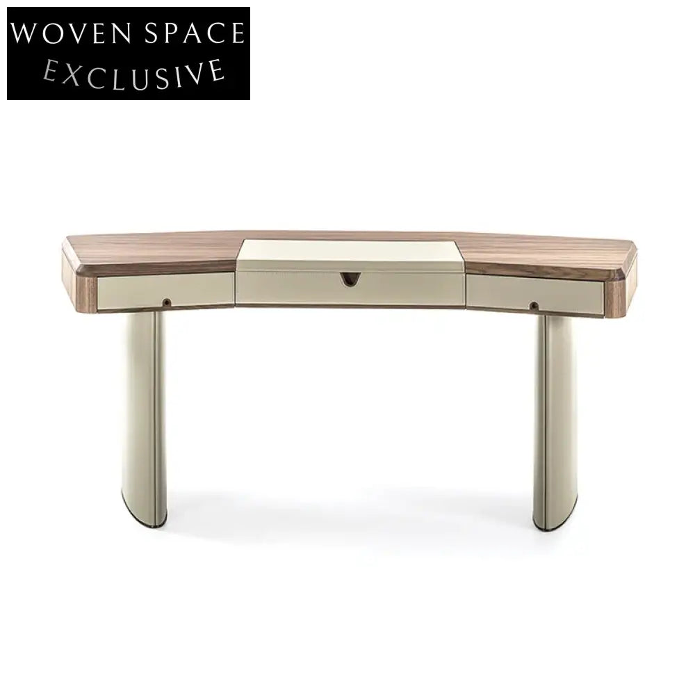 Elegant L-Shaped Walnut Leather Home Office Desk with Integrated Drawer & Mirror