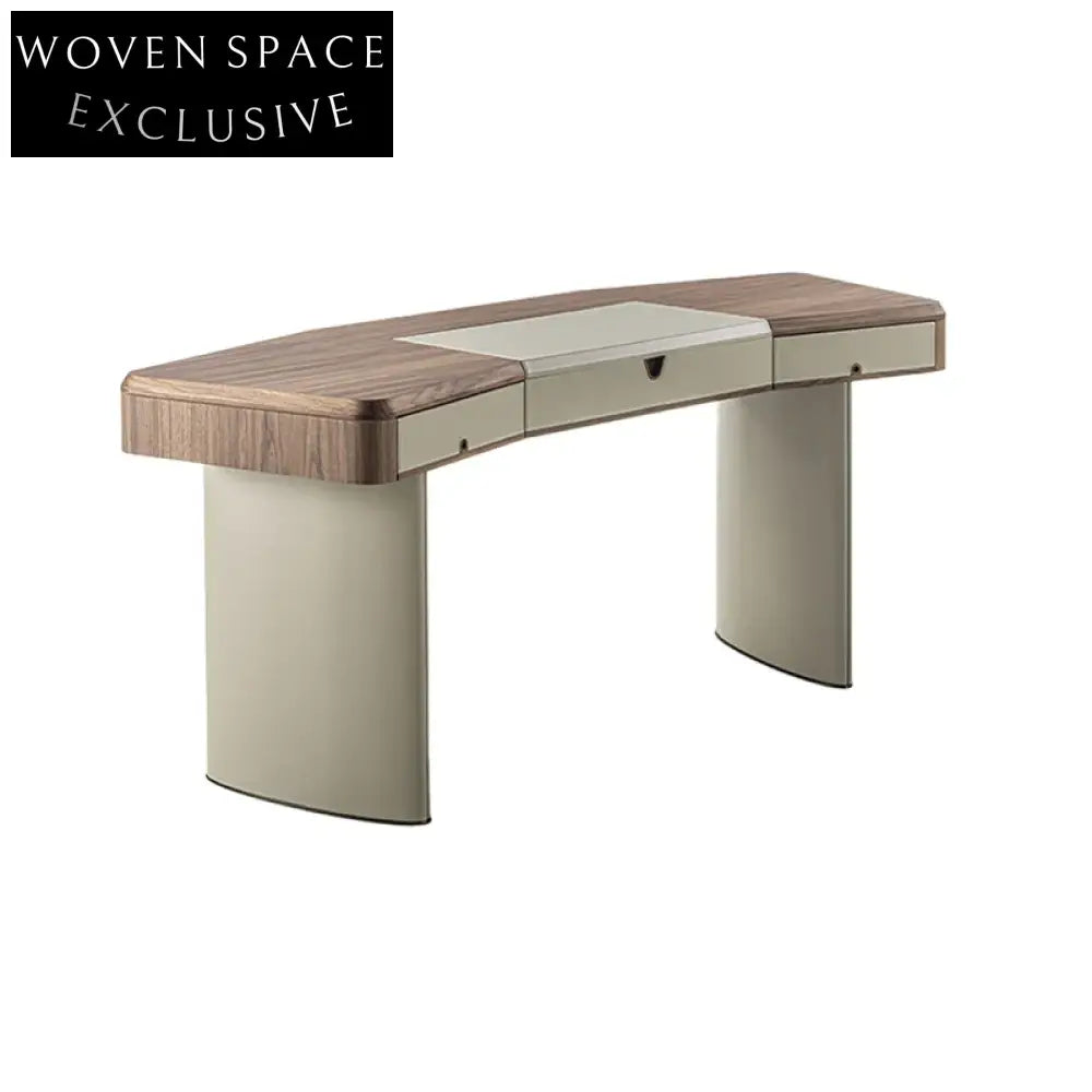 Elegant L-Shaped Walnut Leather Home Office Desk with Integrated Drawer & Mirror