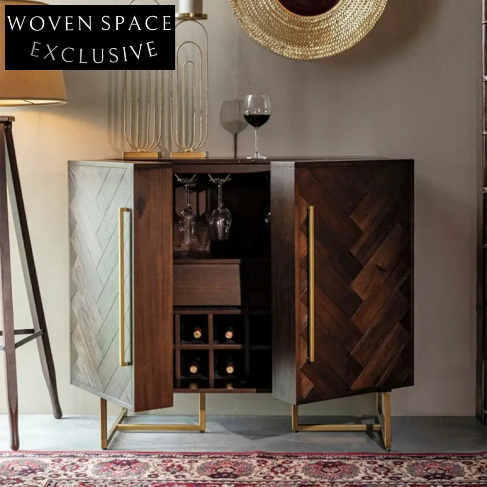 Elegant Light Luxury Wooden Wine Cabinet with Glass Hanger Drawer Home Bar