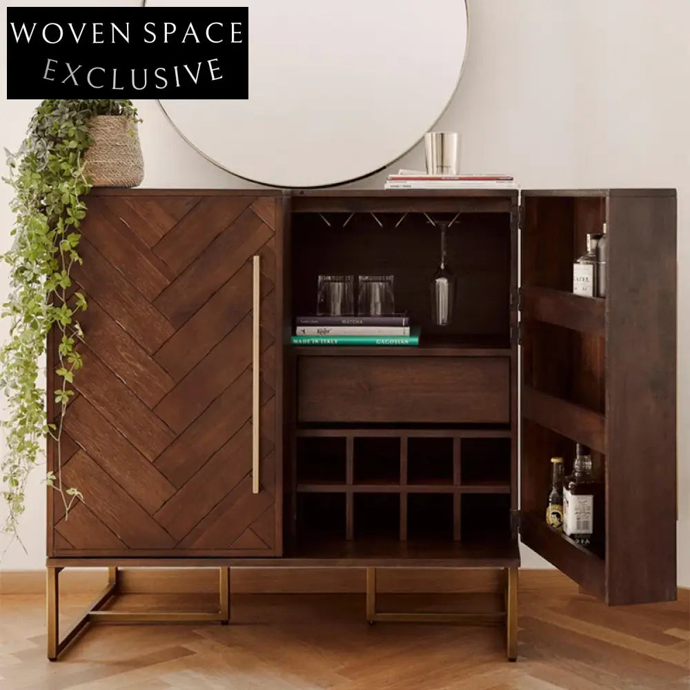 Elegant Light Luxury Wooden Wine Cabinet with Glass Hanger Drawer Home Bar