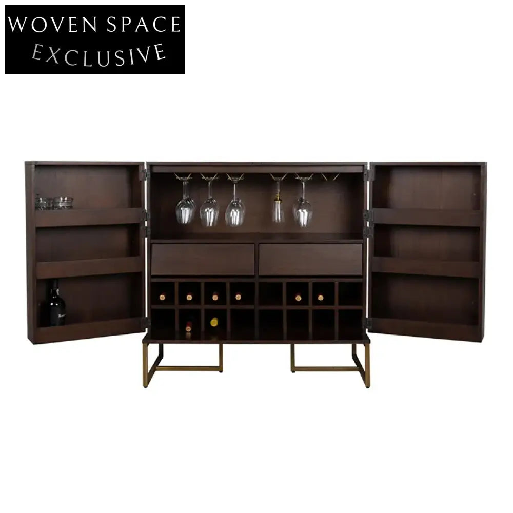 Elegant Light Luxury Wooden Wine Cabinet with Glass Hanger Drawer Home Bar
