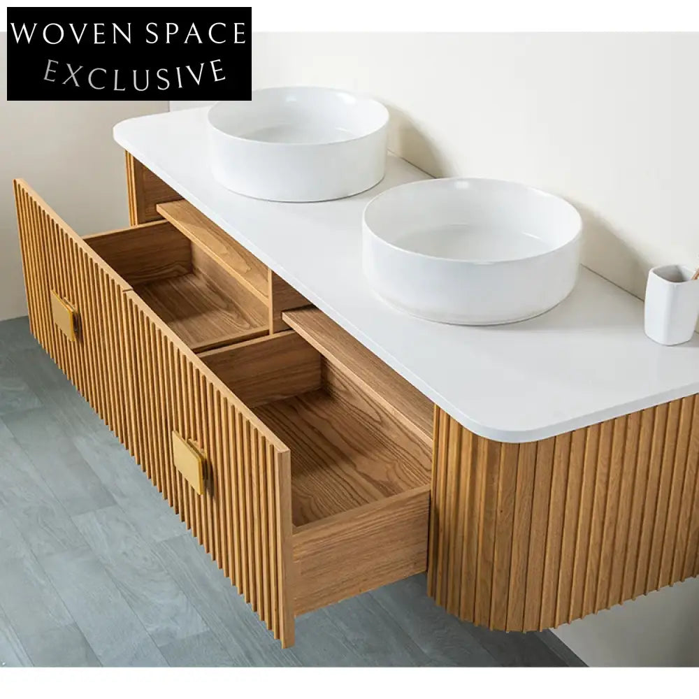 Elegant Light Oak Wall Hung Floating Bathroom Vanity