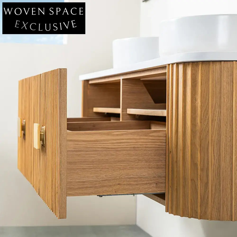 Elegant Light Oak Wall Hung Floating Bathroom Vanity