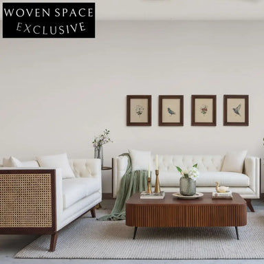 Luxurious Solid Oak Wood Rattan Chesterfield Fabric Sofa Three-Seater