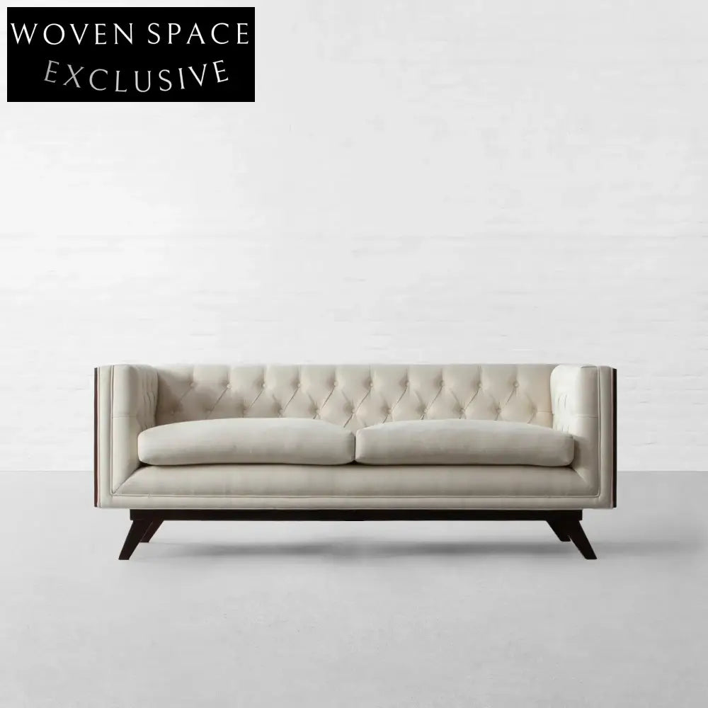 Luxurious Solid Oak Wood Rattan Chesterfield Fabric Sofa Three-Seater