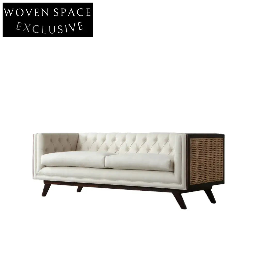 Luxurious Solid Oak Wood Rattan Chesterfield Fabric Sofa Three-Seater