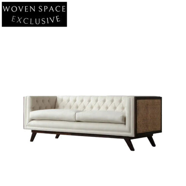 Luxurious Solid Oak Wood Rattan Chesterfield Fabric Sofa Three-Seater