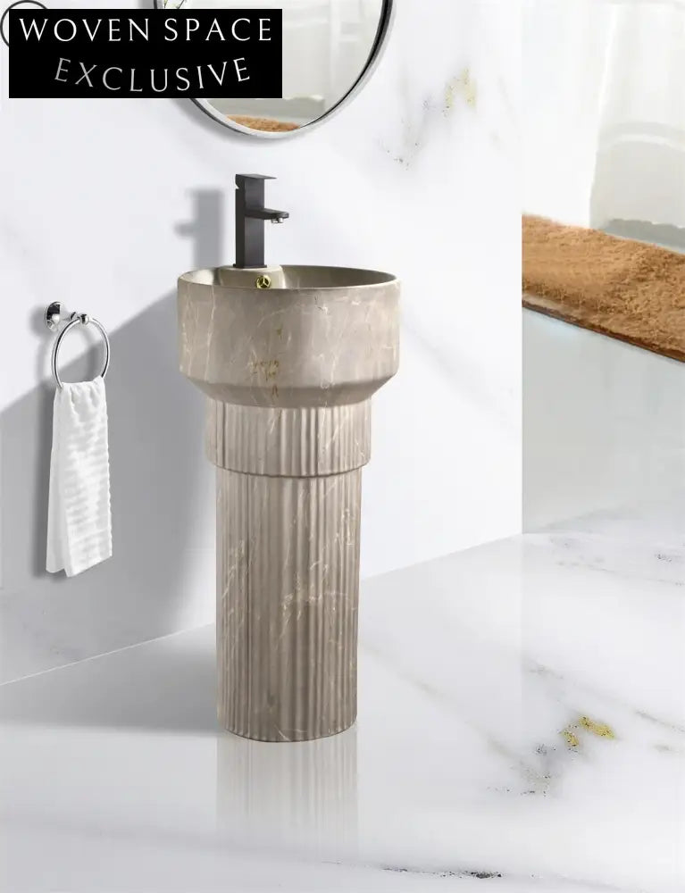 Elegant Marble Design Ceramic Freestanding Pedestal Sink Basin for Bathrooms