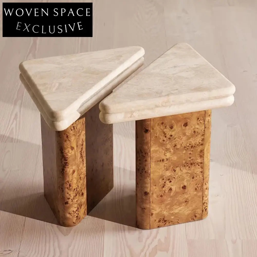 Elegant Marble Top Coffee Table with Burl Wood Veneer Base Modern Design