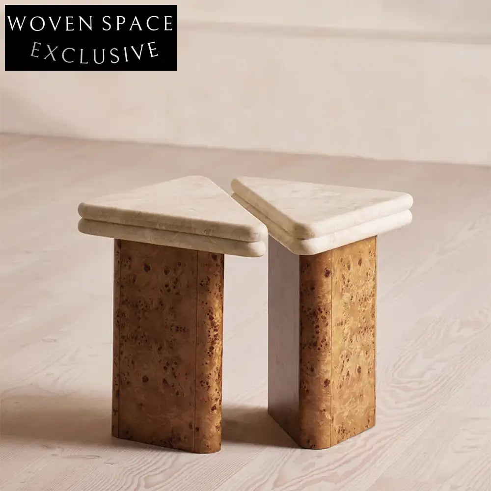 Elegant Marble Top Coffee Table with Burl Wood Veneer Base Modern Design