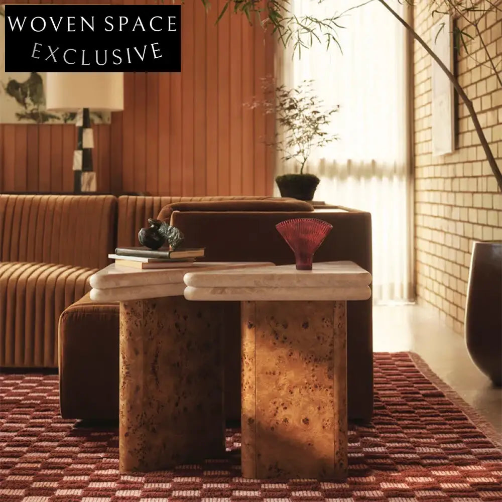 Elegant Marble Top Coffee Table with Burl Wood Veneer Base Modern Design