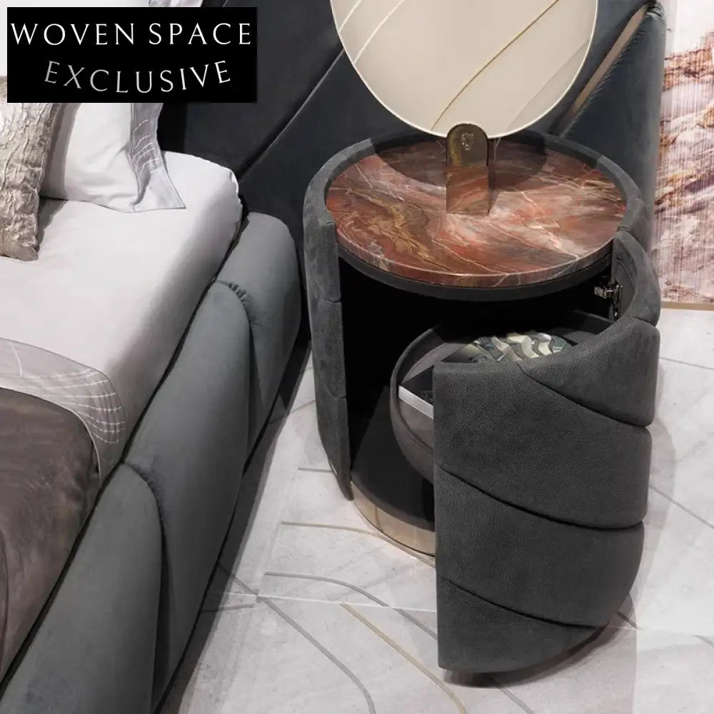 Elegant Marble Top Leather Round Nightstand Stand for Modern Bedroom