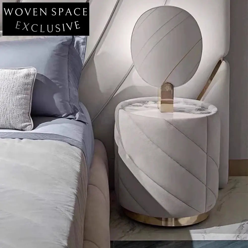 Elegant Marble Top Leather Round Nightstand Stand for Modern Bedroom