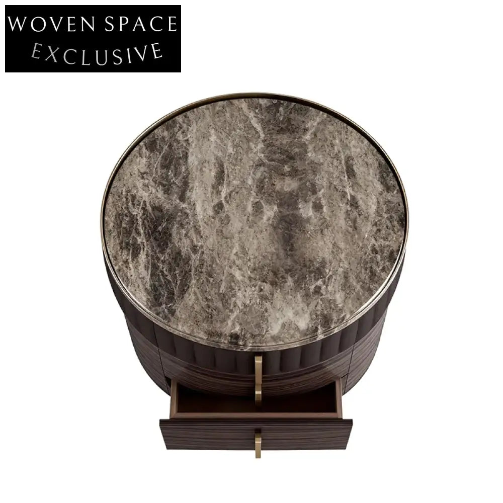 Elegant Marble Top Nightstand with Two Drawers, Modern Round Bedside Cabinet