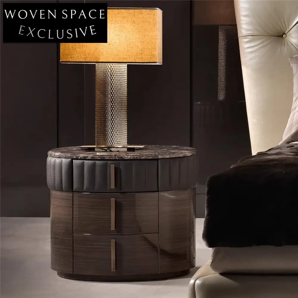 Elegant Marble Top Nightstand with Two Drawers, Modern Round Bedside Cabinet