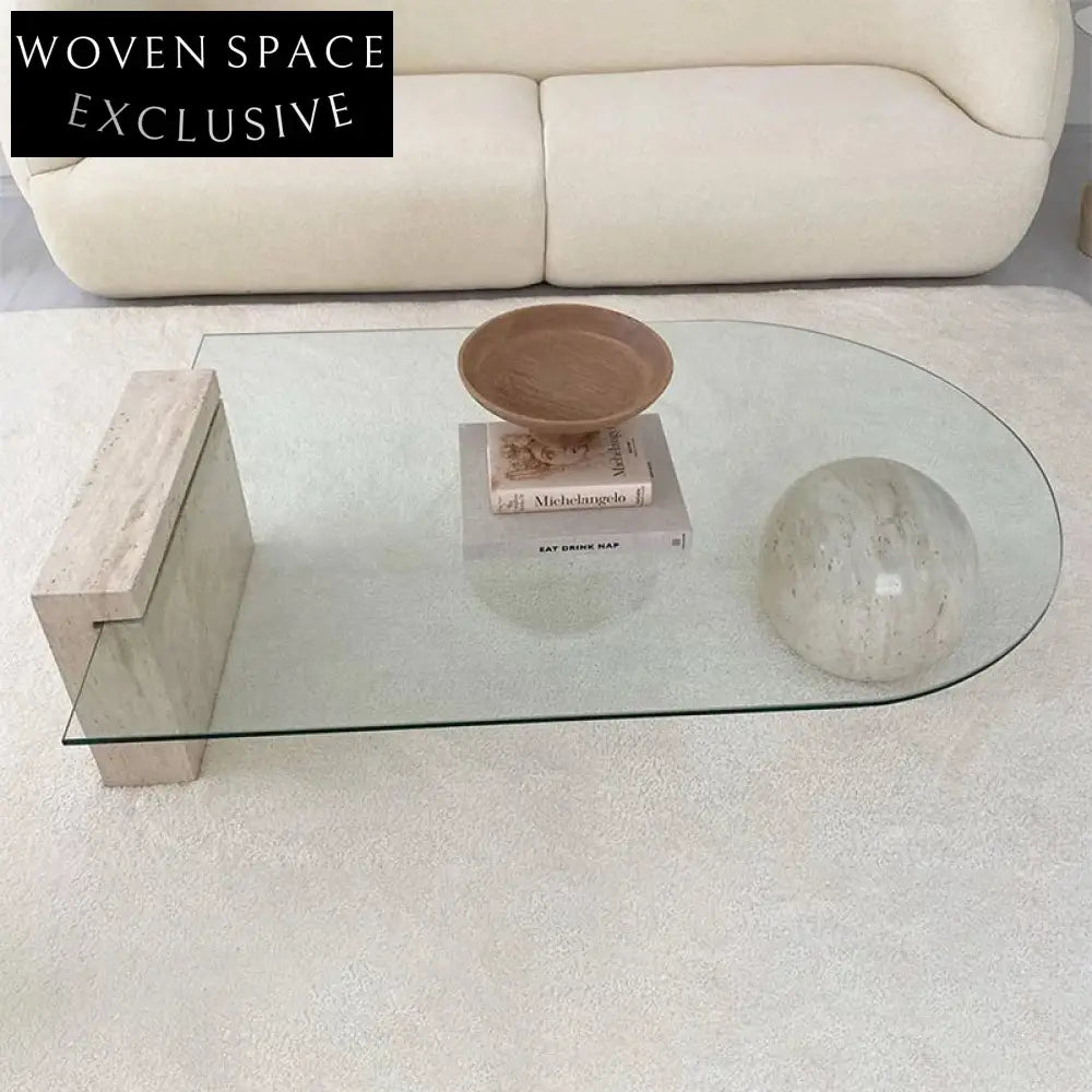Elegant Marble Travertine Base Glass Top Modern Living Room Coffee Table