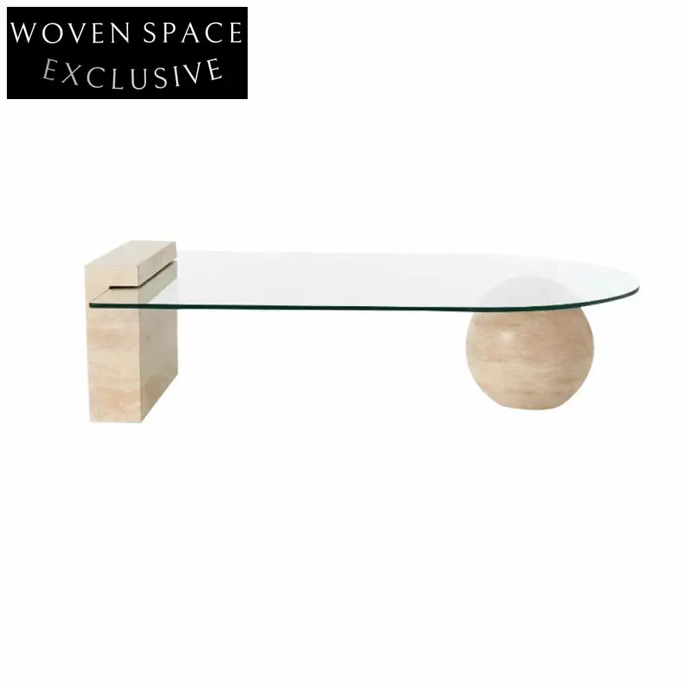 Elegant Marble Travertine Base Glass Top Modern Living Room Coffee Table