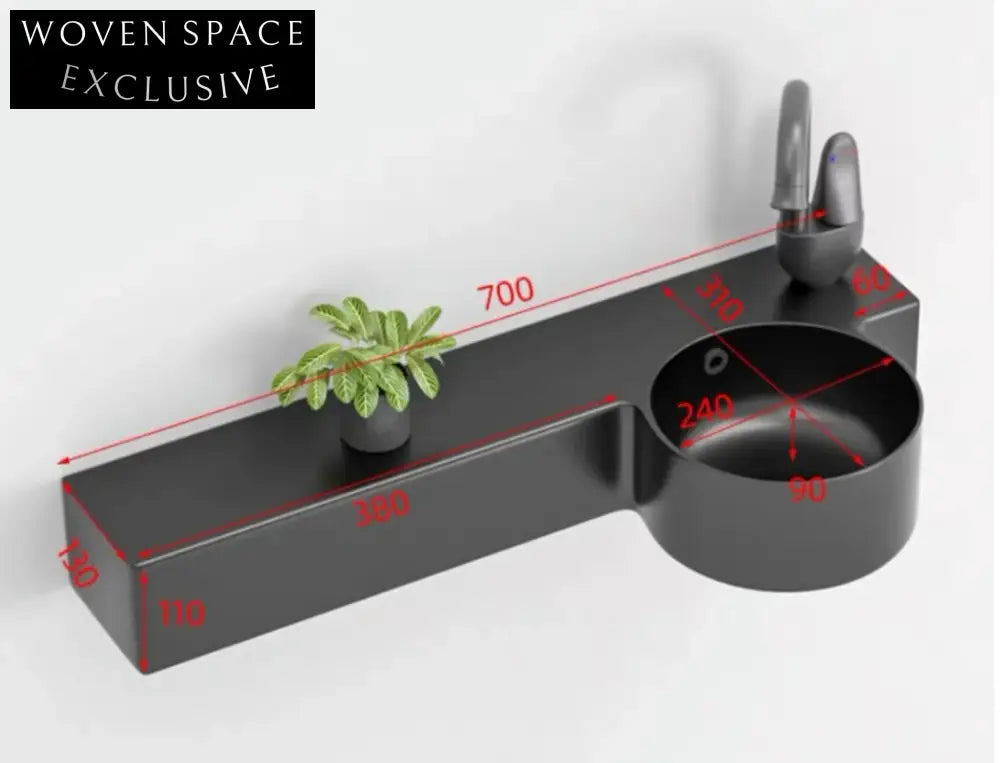 Elegant Matte Black Wall-Hung Ceramic Wash Basin with Integrated Shelf