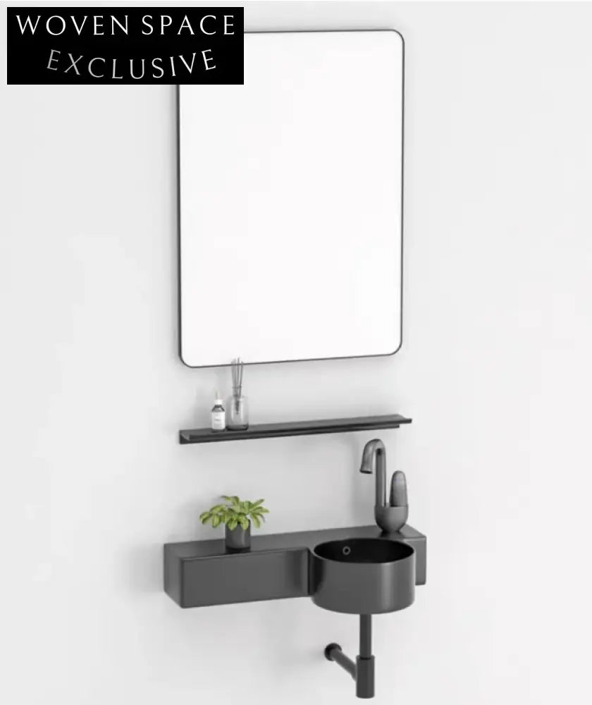 Elegant Matte Black Wall-Hung Ceramic Wash Basin with Integrated Shelf